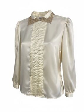 Nilani Satin Blouse Sz 14 Gold Lace Collar Gold Buttons Vintage 1980s Victorian